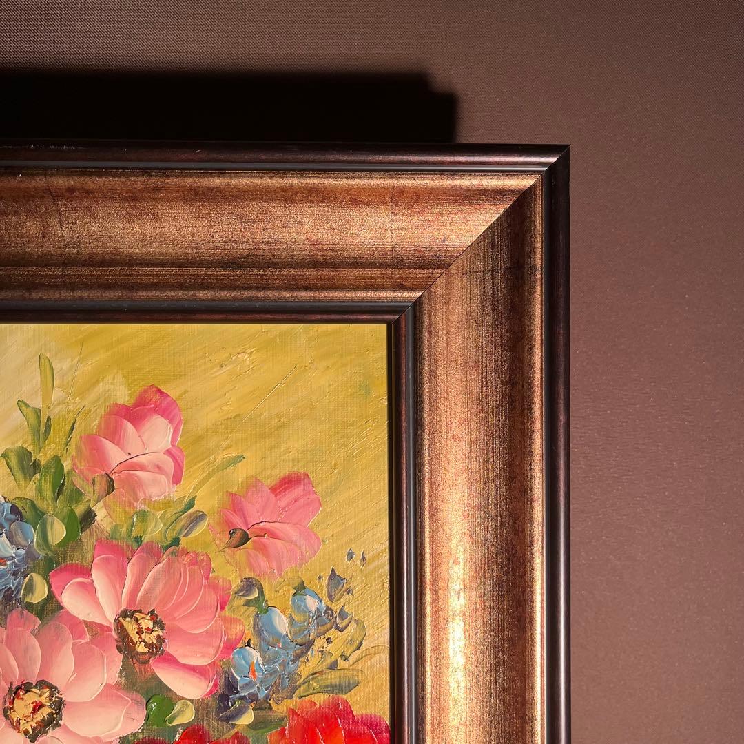 （大）手描き油絵 ３枚組 花瓶の花 額付 額付き 絵画 インテリア 油彩画