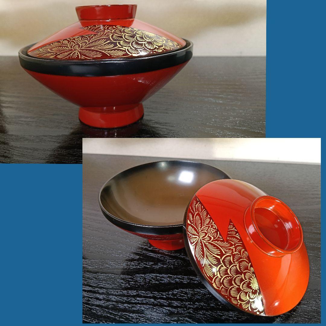AN59 吸物椀 沈金蒔絵 高台 蓋付椀 木製朱漆器 五客 木箱