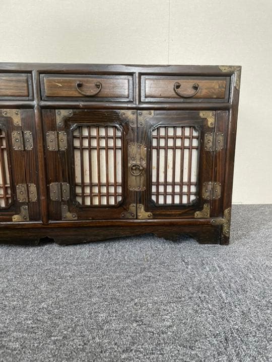 李朝箪笥 桐箪笥 キャビネット 2つの 観音扉 4つの 小引き出し 中古品