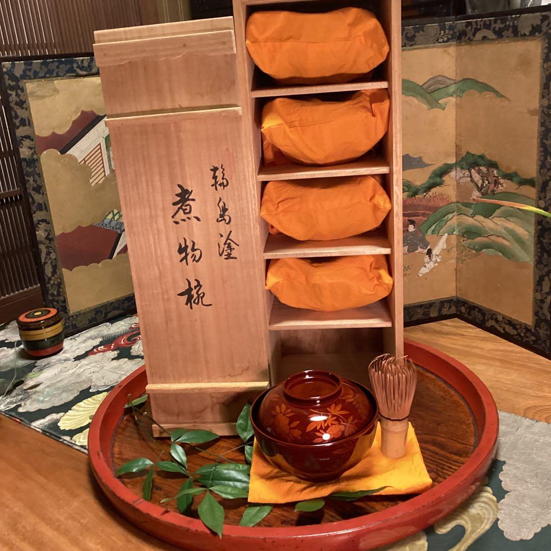 A893 木製輪島塗　白檀塗　山吹蒔絵　『千舟堂』　吸い物椀　煮物椀　5客