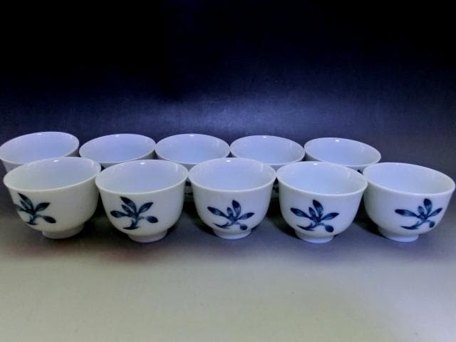 煎茶碗■10客 青絵 染付唐草紋 煎茶器 湯呑み 猪口 小碗 お茶道具 骨董品■