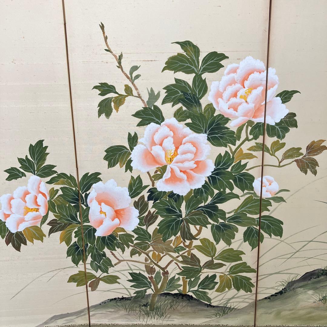 屏風 春湖 牡丹 絹本 引取品 年代物 時代物 美術品 アート
