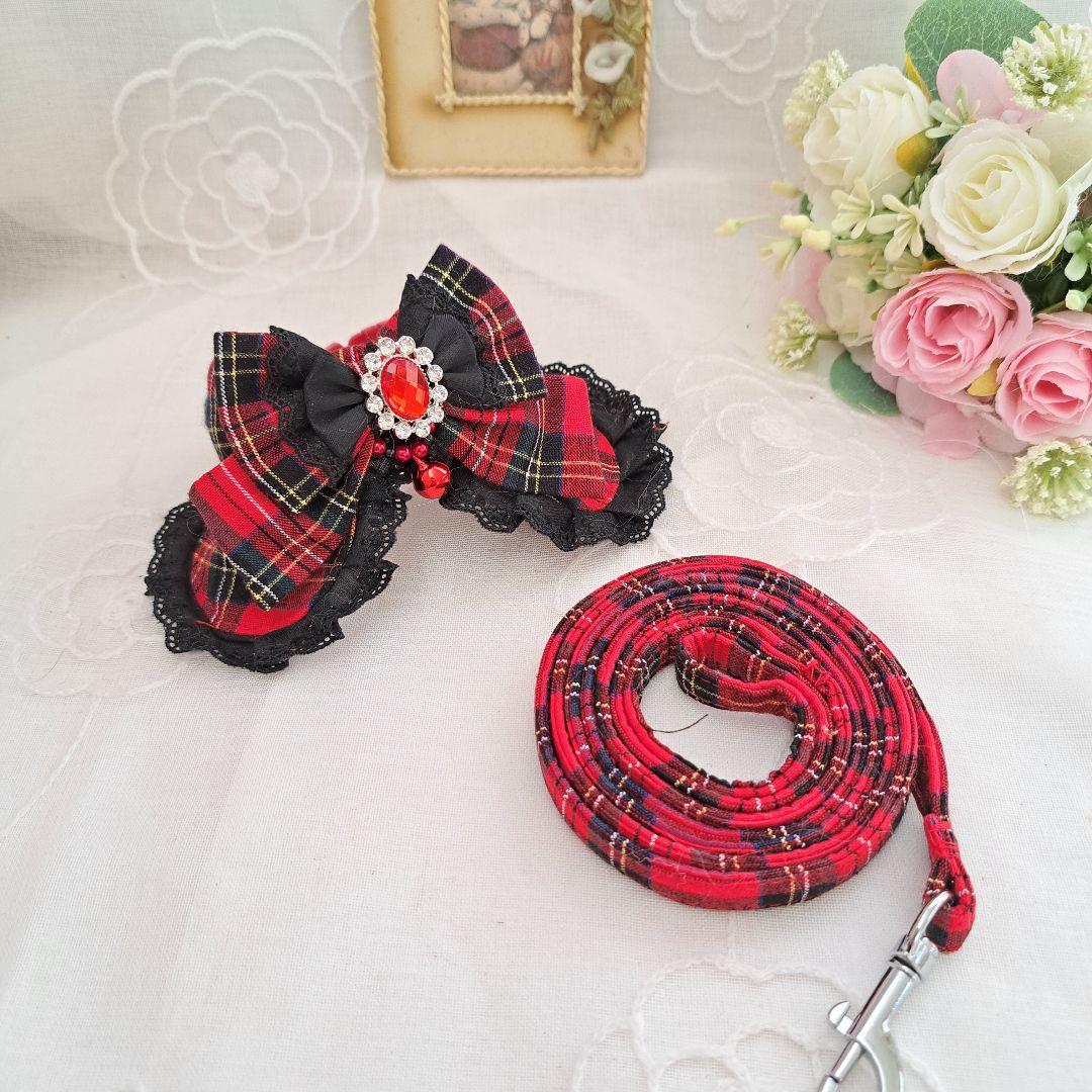 襟付きハーネス(赤チェック)&リードセット、わんちゃん猫ちゃん用