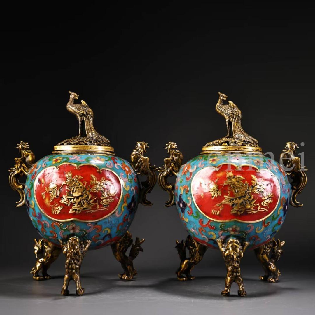珍品旧藏・赤青琺瑯装飾双対香炉・高浮彫鏨刻・鎏金鳳鳥浮彫付き・純銅製・置物・風水