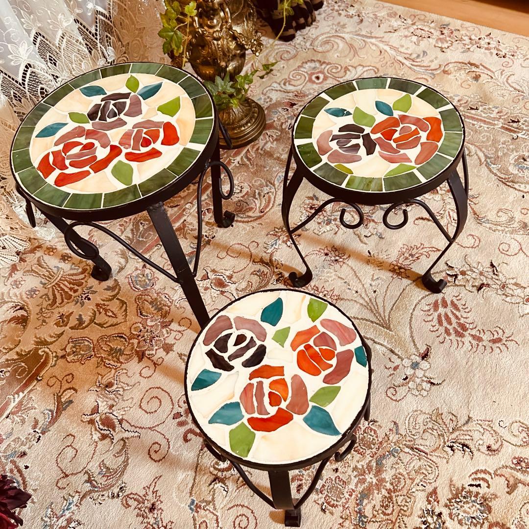 アンティーク 英国調　薔薇タイル　アイアン　花台　飾り棚　サイドテーブル　家具