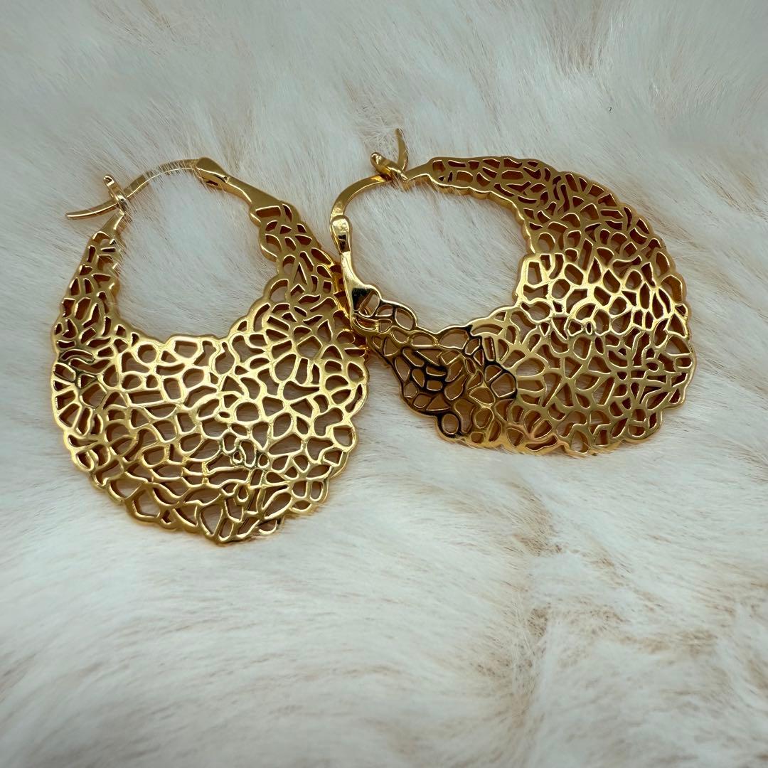 存在感抜群・希少デザイン　S925×18K フープピアス　大ぶり デザインピアス