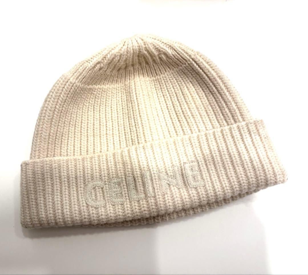 CELINE ロゴ ニット帽 ビーニー ホワイト 白