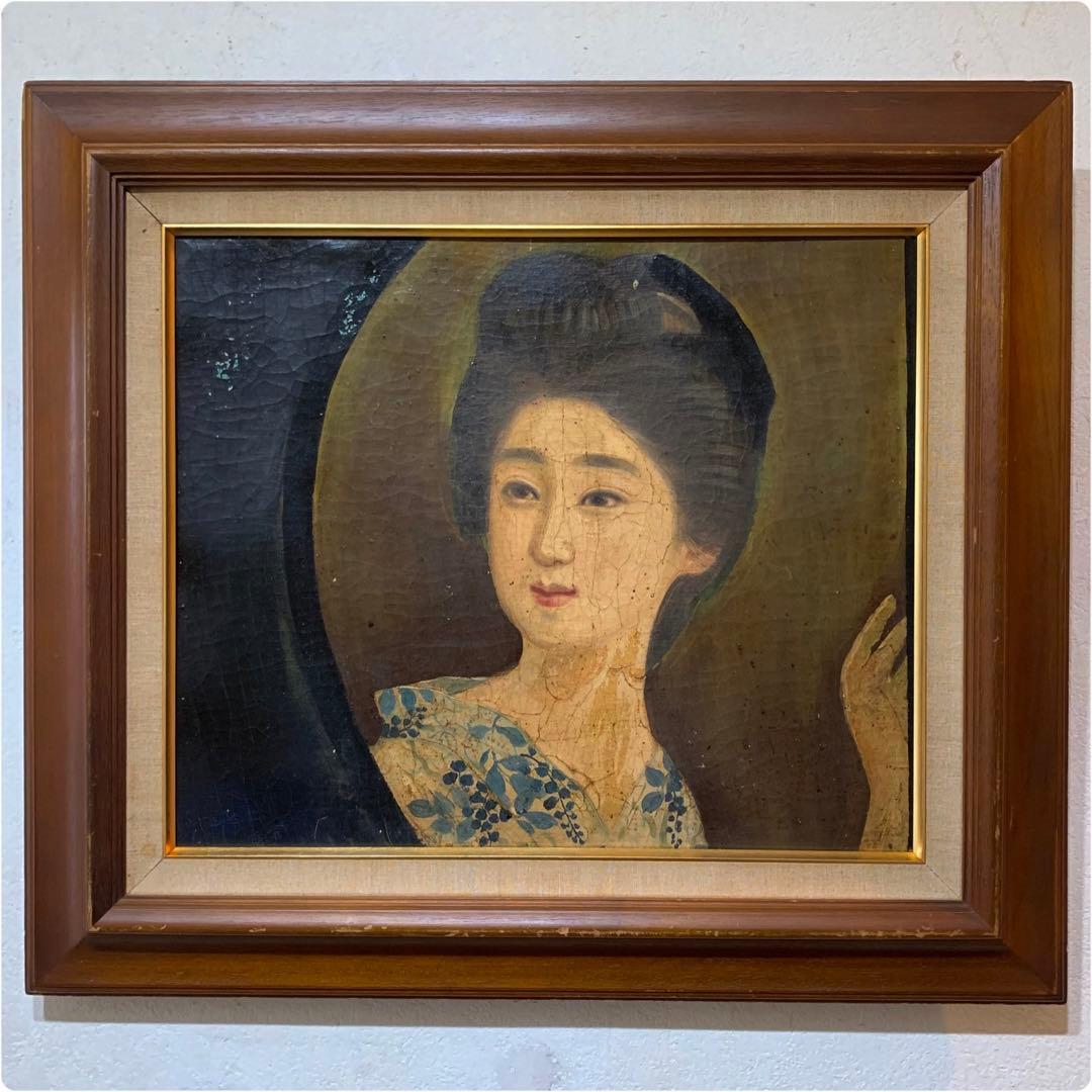 超希少　第一回文化勲章　鑑定書有り　岡田三郎助　油彩肉筆画　F8当時物　円窓少女