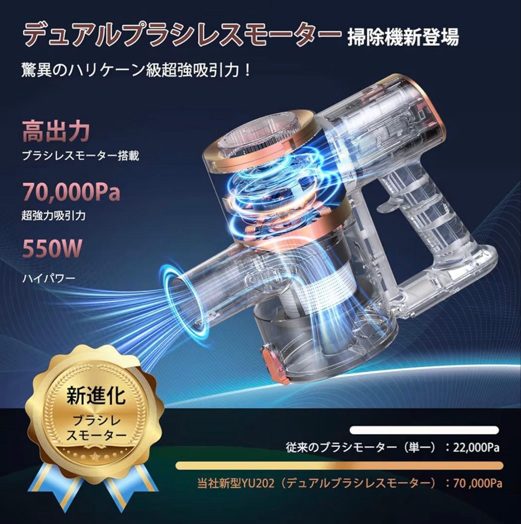 Yuuscc コードレス掃除機 70Kpa 550W 自立式 LEDライト