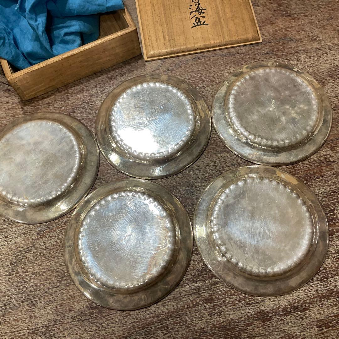 総重量325g！ 時代金工 青松堂 純銀 銘々青海盆 五客揃 共箱付き 煎茶道具
