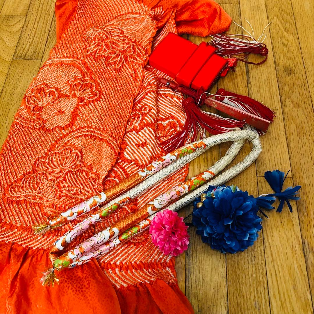 七五三七歳❣️豪華絞り柄アシメトリ花金彩⭐︎正絹全通袋帯刺繍煌びやか⭐︎完全フルセット