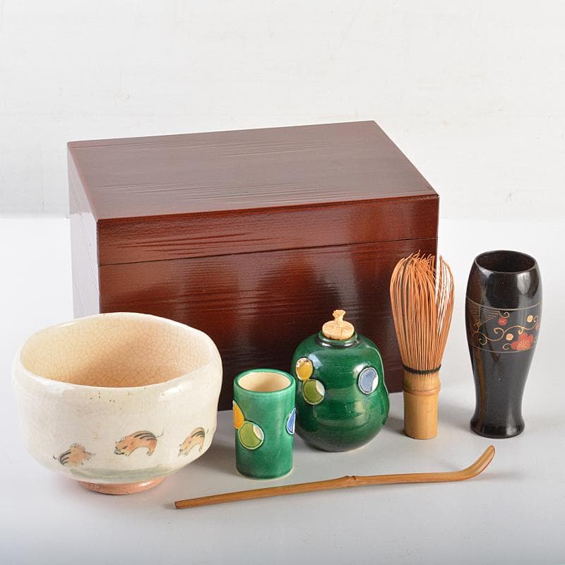 茶道具　利休茶箱　色絵猪文茶碗　振出など　六点　一式　M　R7071