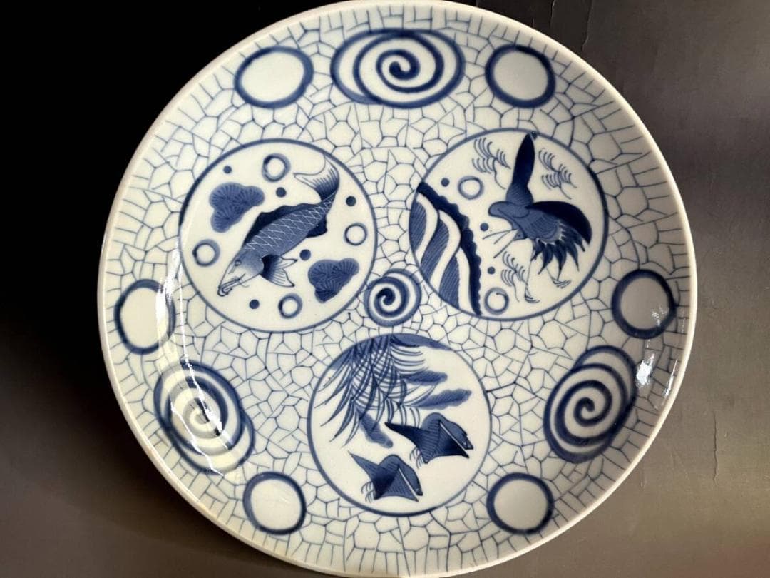大皿■丸窓絵魚紋染付大皿 鳥 有田 古伊万里 (明治～大正期)骨董■34.8cm