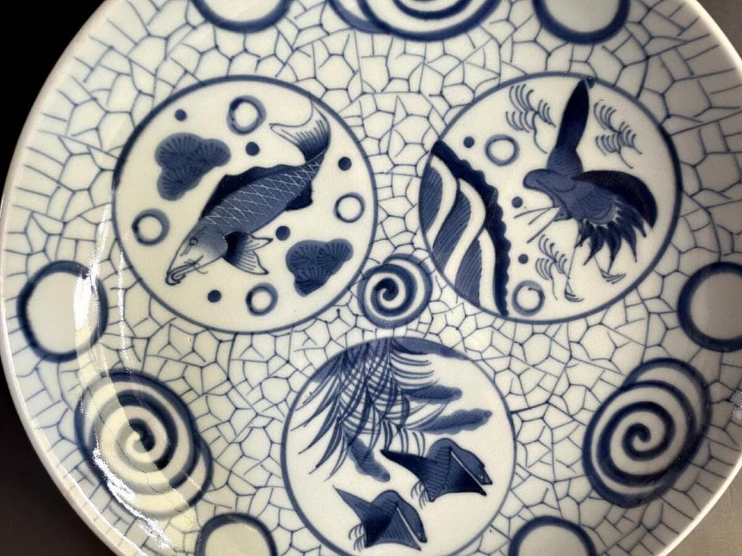 大皿■丸窓絵魚紋染付大皿 鳥 有田 古伊万里 (明治～大正期)骨董■34.8cm