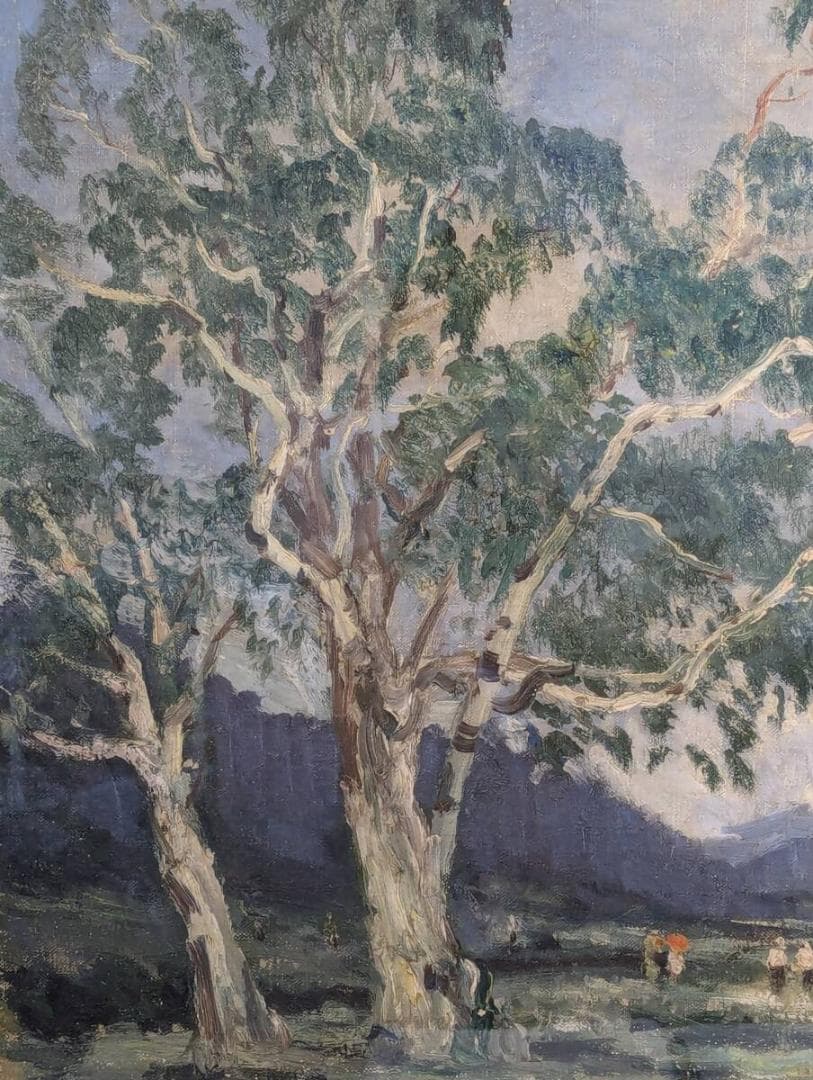 【真作】絵画　梶原貫五　油彩10号　夏の白樺　雄大な木々と田園風景　V39