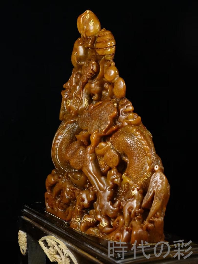 中国古美術【寿山石田黄石 金龍献宝】篆刻家 西鳳作款 旧蔵重器 鏤空細工 在銘