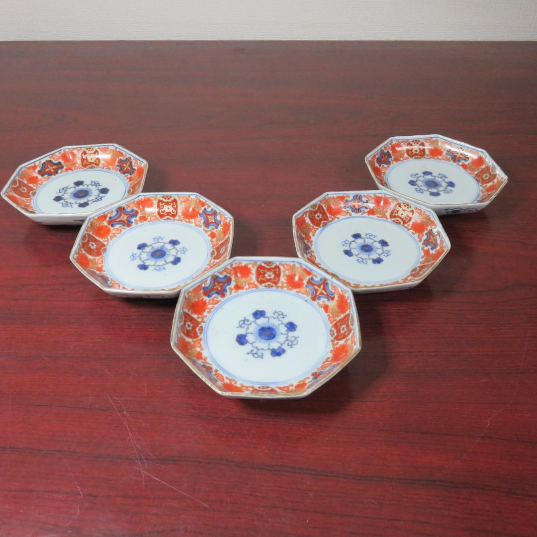 小皿 色絵付 染付 金彩 花弁 唐草 銘 八角皿 5枚