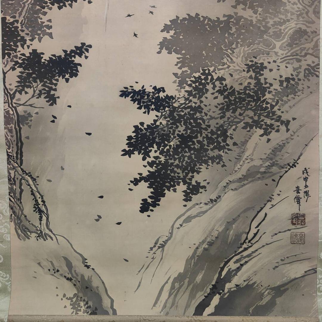 不詳/作者不詳/瀧図/滝図/山水小禽図/布袋屋掛軸A-393