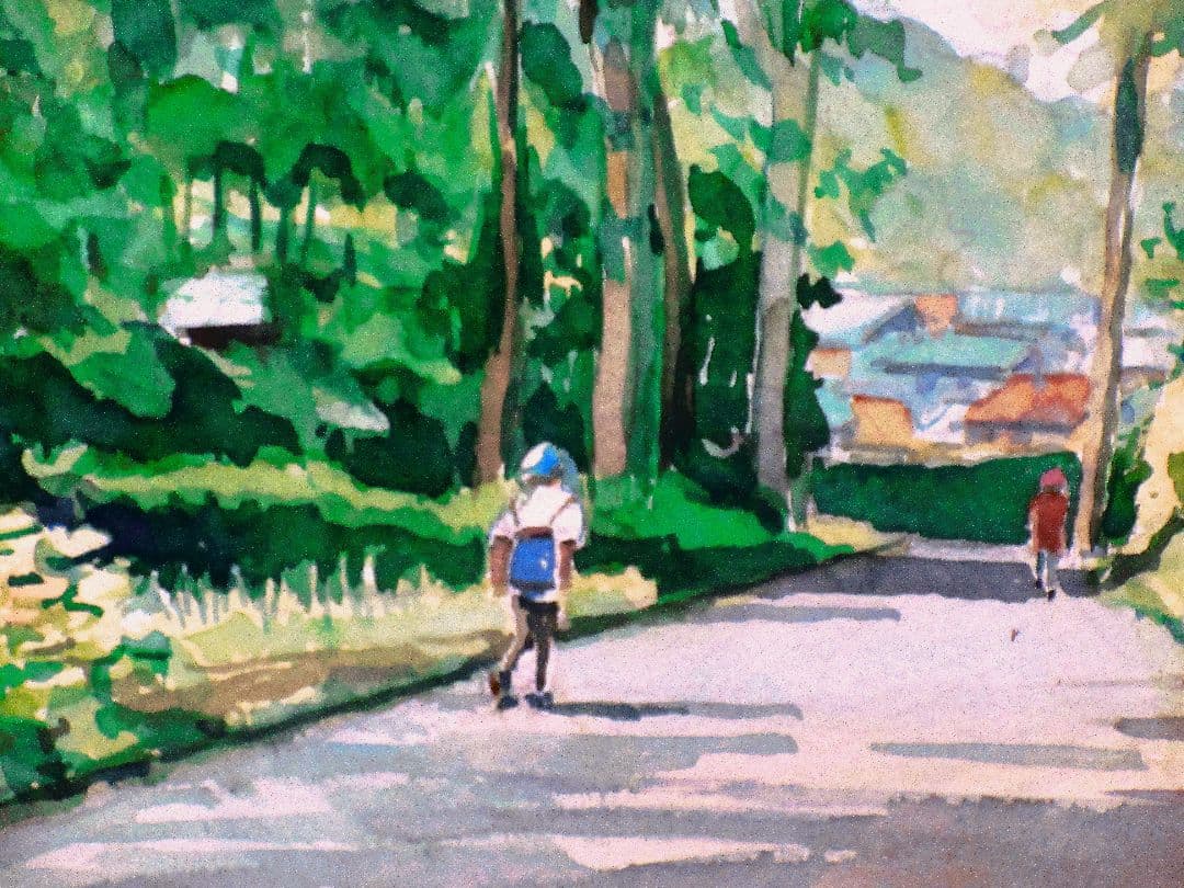 水彩画 .風景画 緑色系.額縁付き原画
