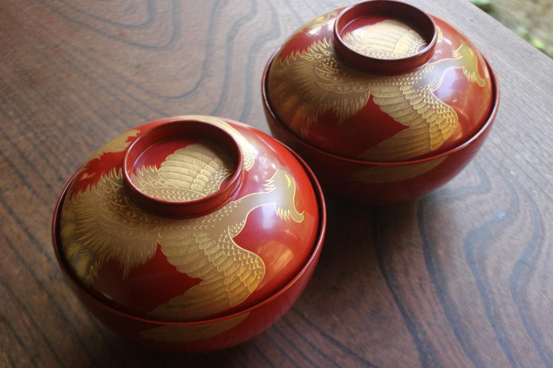 時代逸品！上質朱漆に極上鳳凰沈金蒔絵の映える大椀2点（検輪島塗雑煮椀煮物椀
