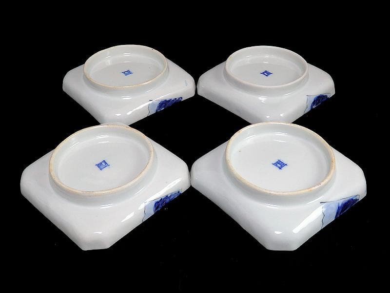 古伊万里　染錦　松に丹頂鶴の図　角皿　４枚　D827AS-BJn