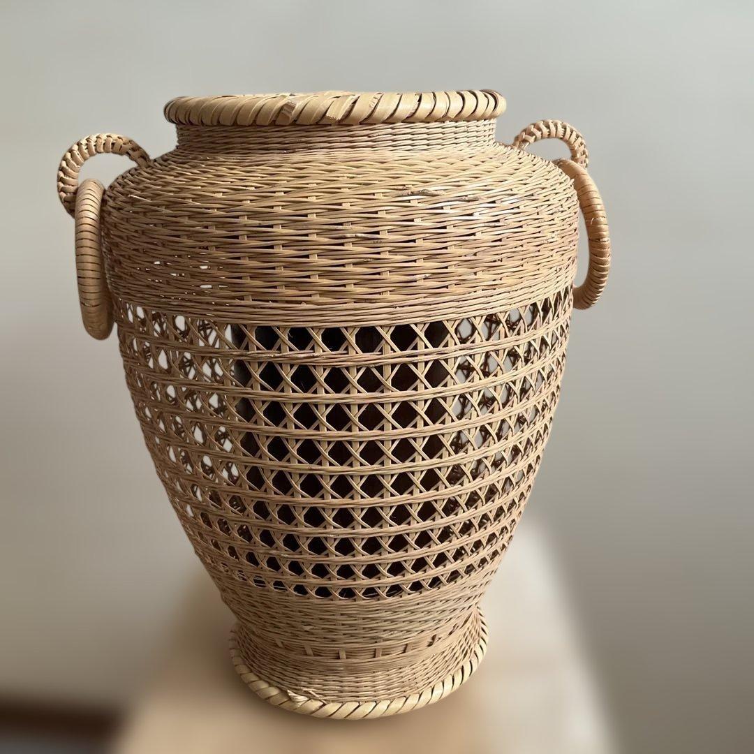 竹清作 花入耳付花籠竹籠 竹細工 細密編 茶道具