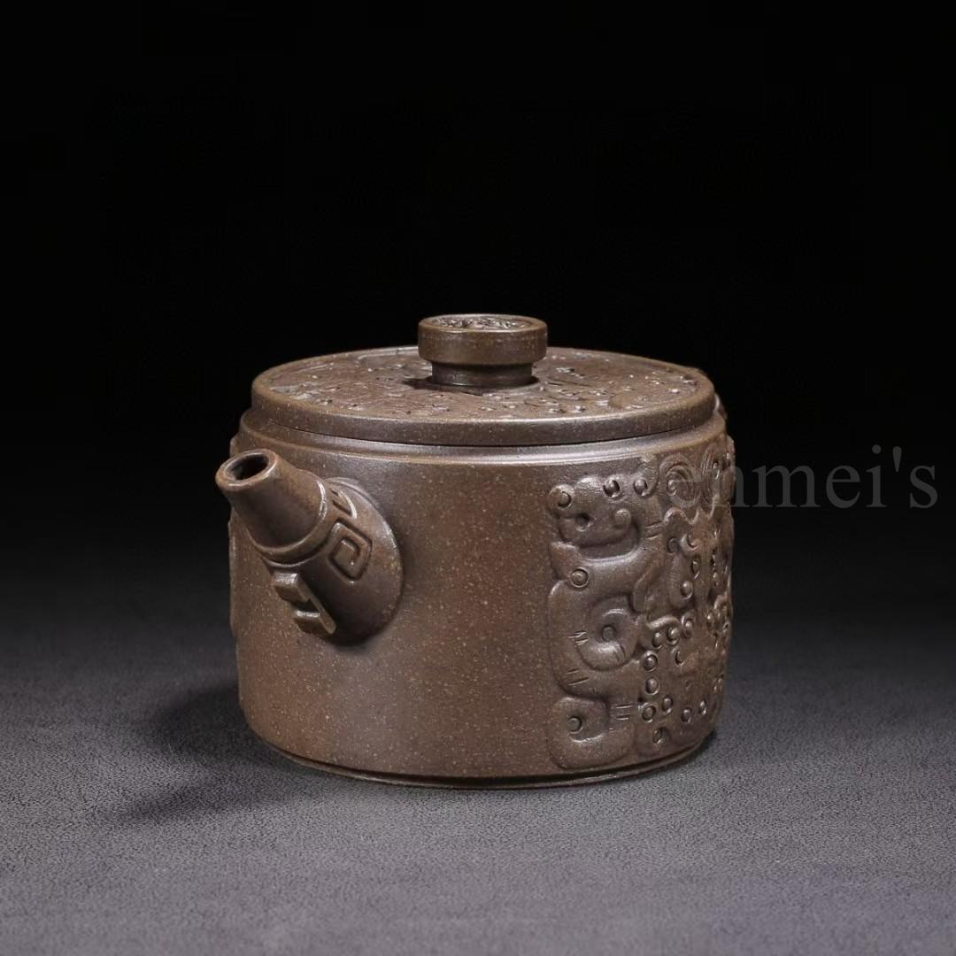 中国古美術・原鉱古銅泥龍鳳呈祥紫砂壺・底款：武陵芸人 蓋款：顧景舟・紫砂壺・茶壺