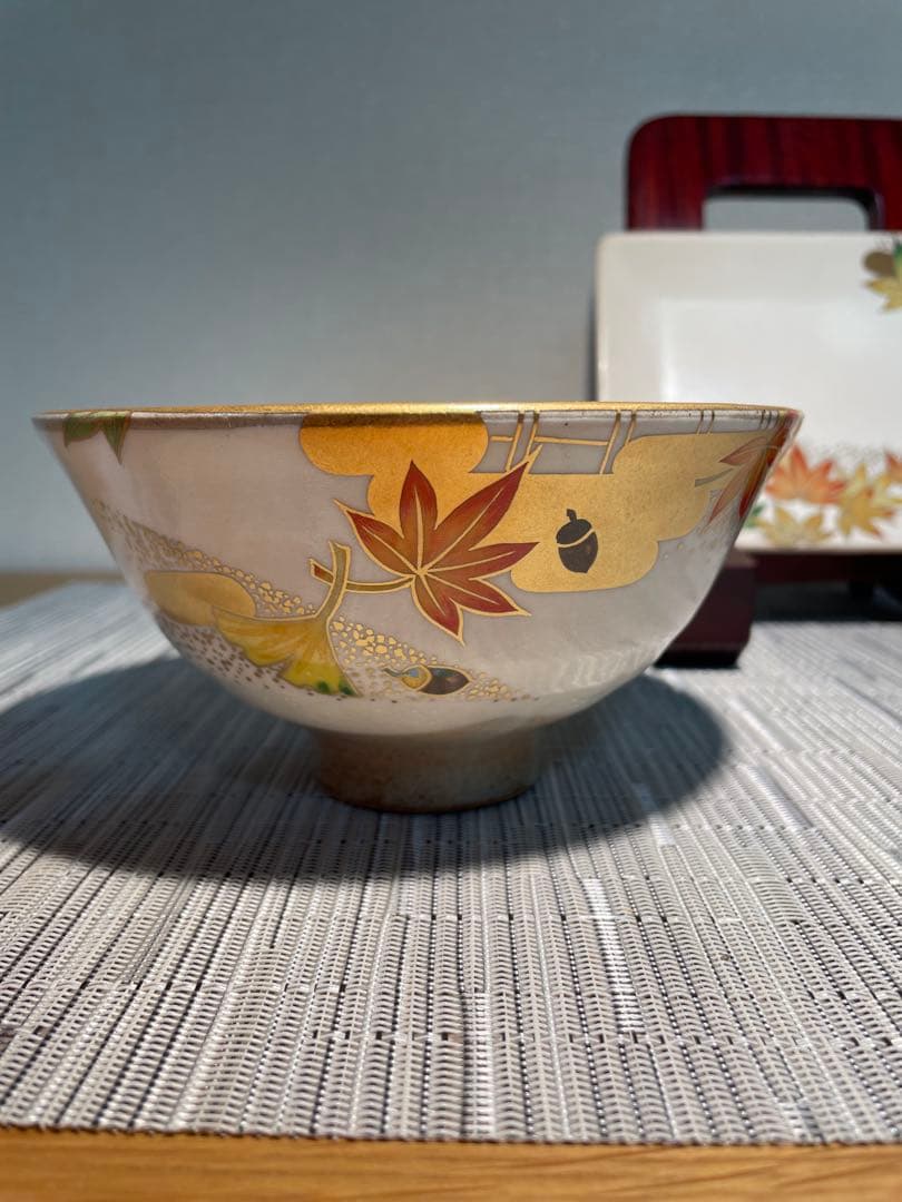 135桑野むつ子 京都 御所の花十二ヶ月【11月紅葉】抹茶椀・和陶皿 しおり付