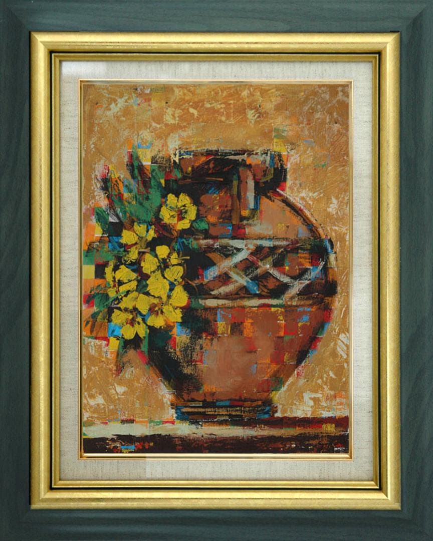 油絵 菅家令子絵 絵画インテリア額付(青緑＋金色の枠) uF6-063904壺花