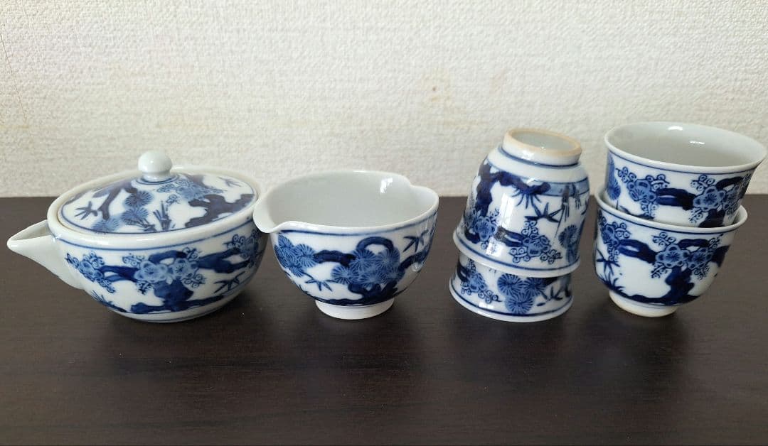 最終値下げ　煎茶器　揃　松竹梅　九谷焼　染付 　煎茶道具　未使用　湯冷まし　茶杯