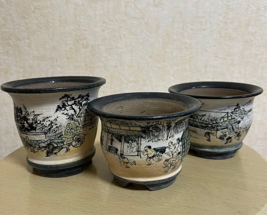 陶翠作　東海道五拾三次画　盆栽鉢