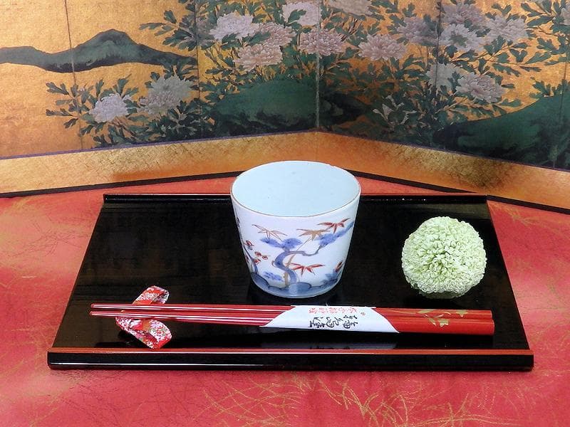 古伊万里　染錦　松竹梅の図　蕎麦猪口　 575AS-CUl