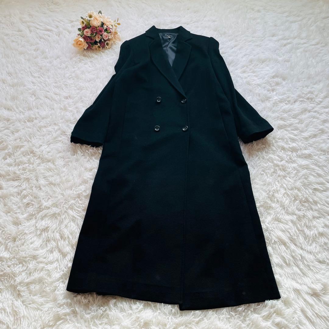カシミヤ100％ ロングコート 黒 ダブル 前開き 9号 上品 シンプル