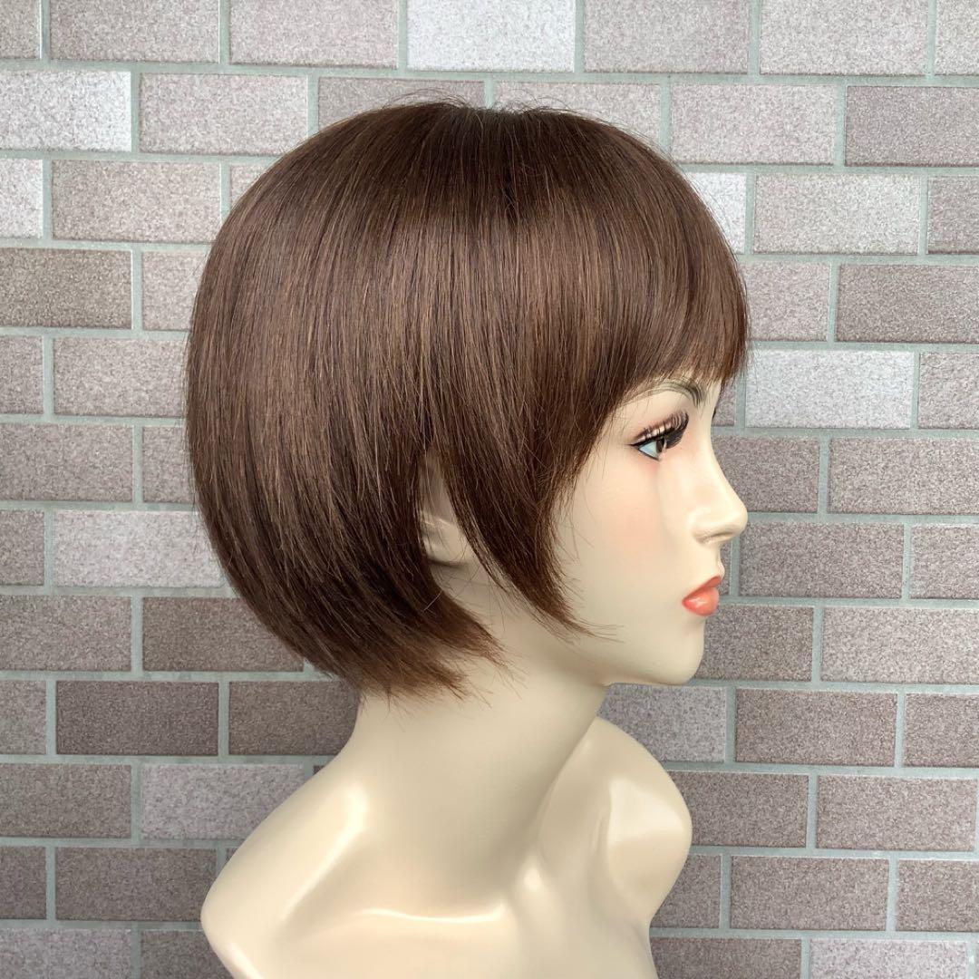 人毛100%￼ 手植え医療用フルウィッグ ウィッグ￼ ショートブラウン3D前髪￼