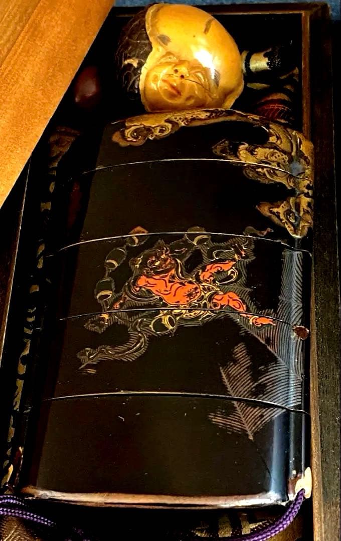 江戸時代　蒔絵鬼図内梨地印籠　共箱　128g 東Y7-0328☆2Fトコカ