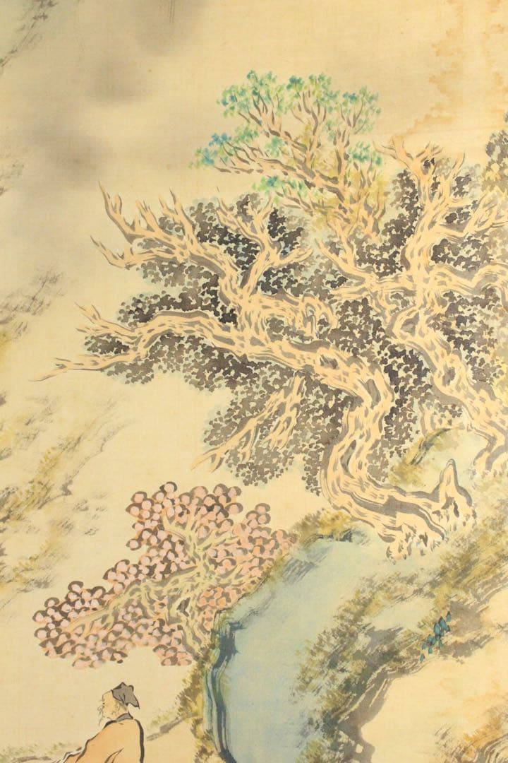 No5217 掛軸　雲外山人　在銘　青緑山水人物画　山水　着色絹本　送料無料