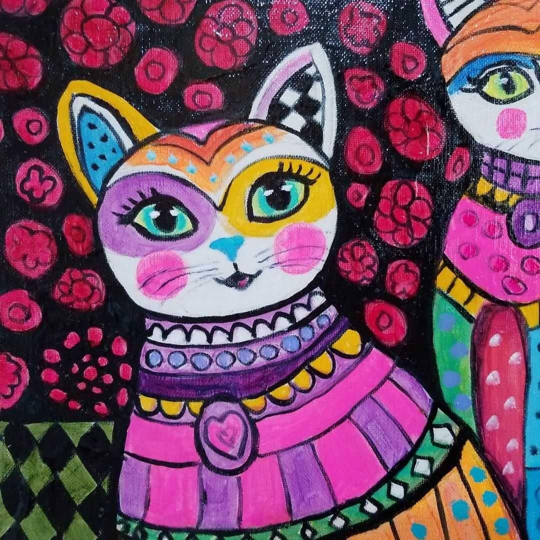油絵　専用　カラフルおしゃれ猫三姉妹