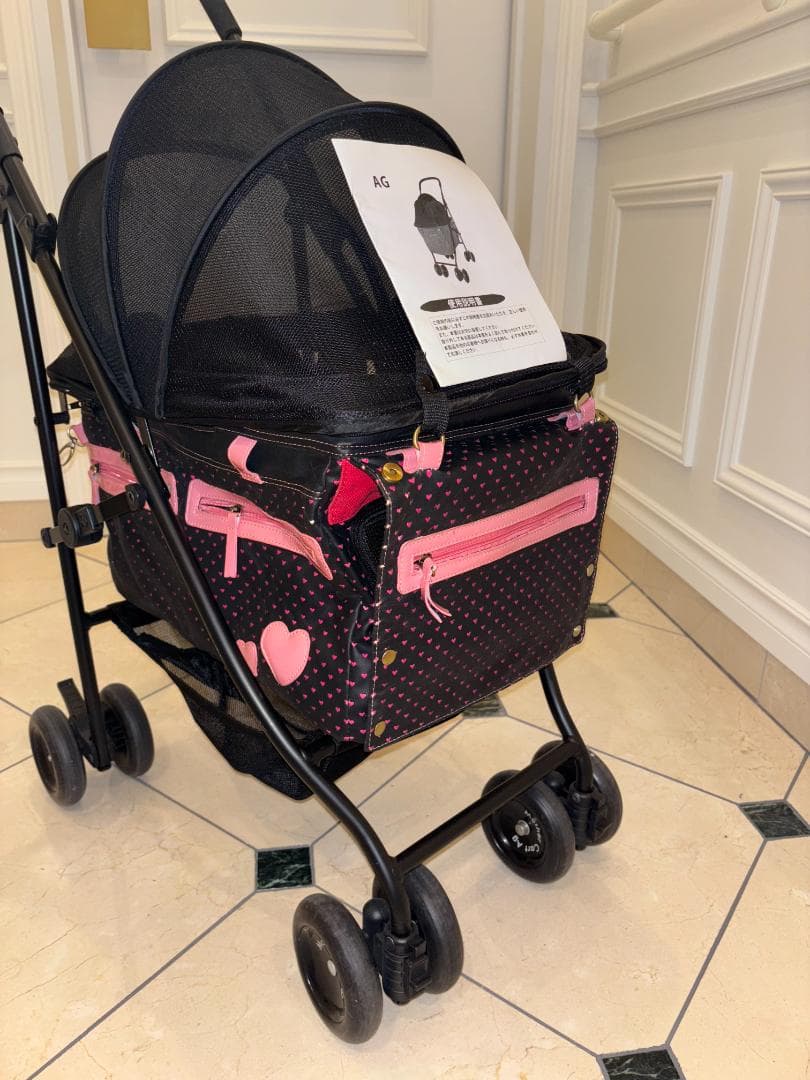 ペットカート ブラック ピンク ハート柄
