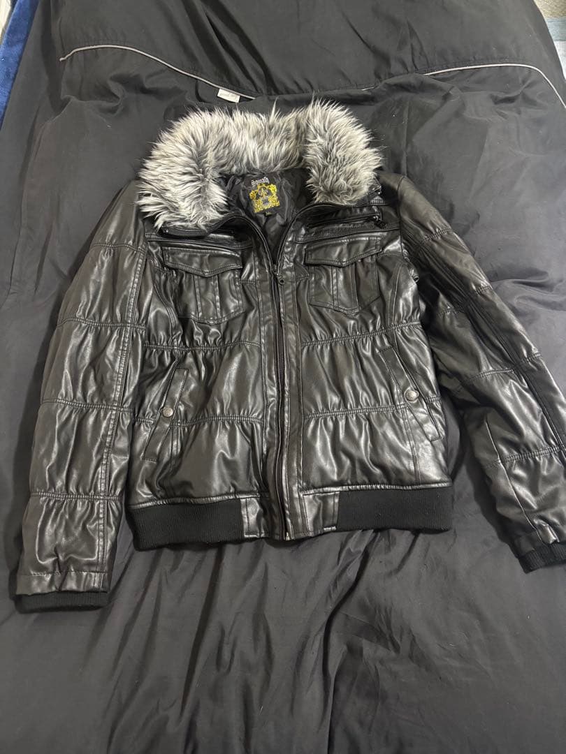 spinach leather fur jacket 平成 y2k