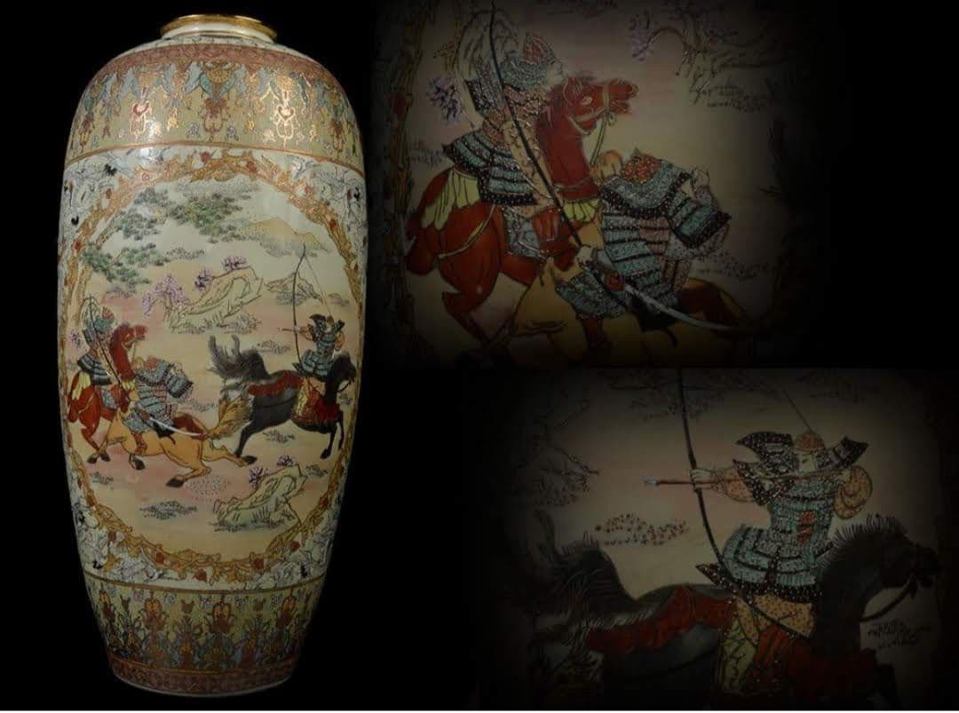 【大型82cm 美品】薩摩豪華絢爛 金襴手武士細密絵付 特大花瓶 飾り壷 大壺