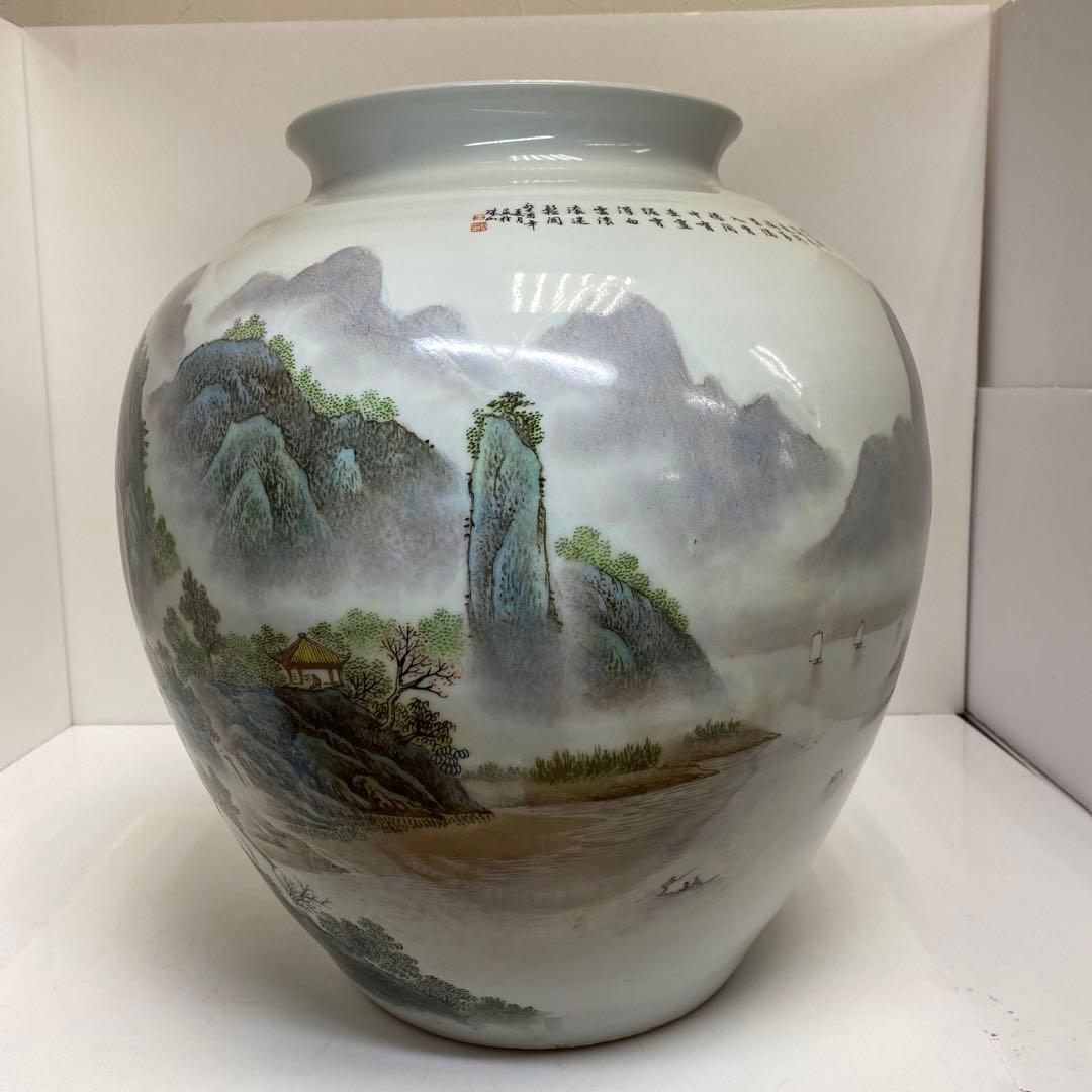 中国美術 粉彩山水画 大壷 H43cm 東キ7-1230① トヒエ