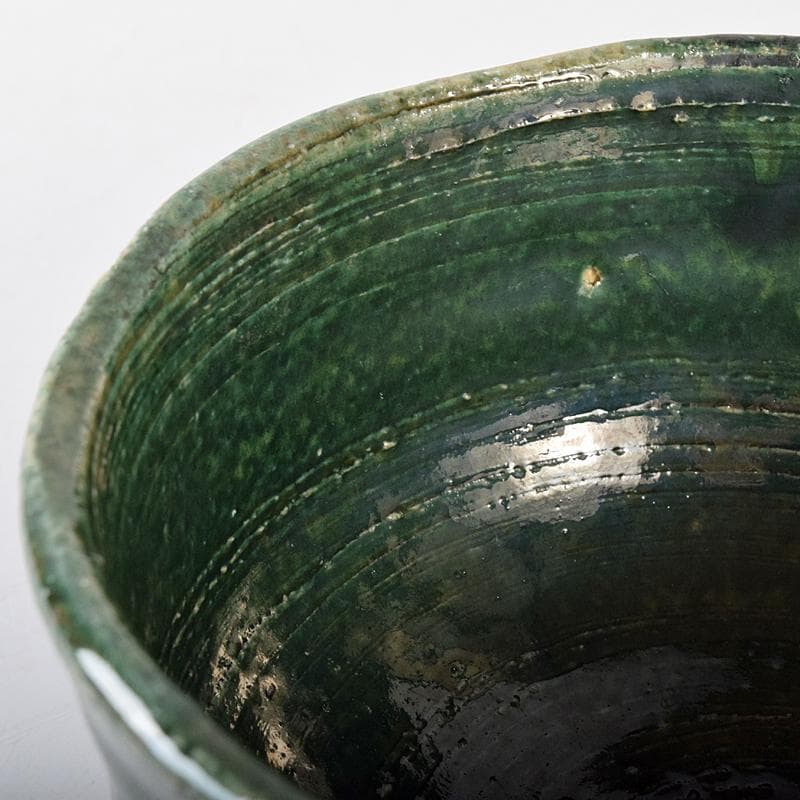 北大路魯山人作　織部焼　於里辺　茶碗　共布共箱　M　R8325