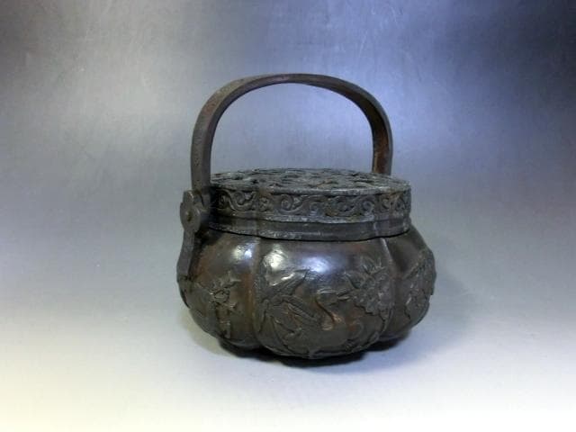 手炉■銅製 透かし花唐草 花鳥紋 大明宣徳 灰器 火器 手あぶり 香炉 時代物
