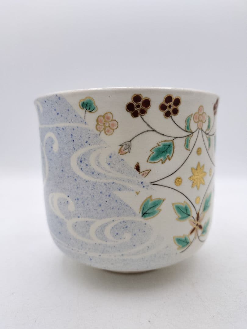c736 筒茶碗 岸辺の草花 通次阿山 木箱 茶道具 古物