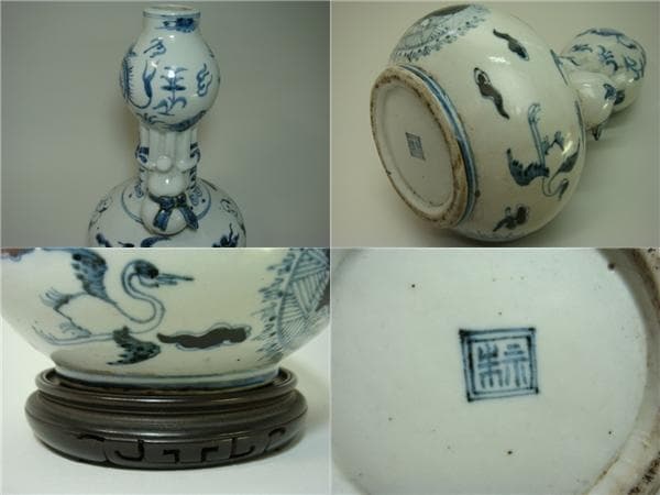 花瓶■中国古い染付 徳利型 瓢箪耳付き 鶴 龍紋 人物 古壷 景徳鎮 古玩 唐物