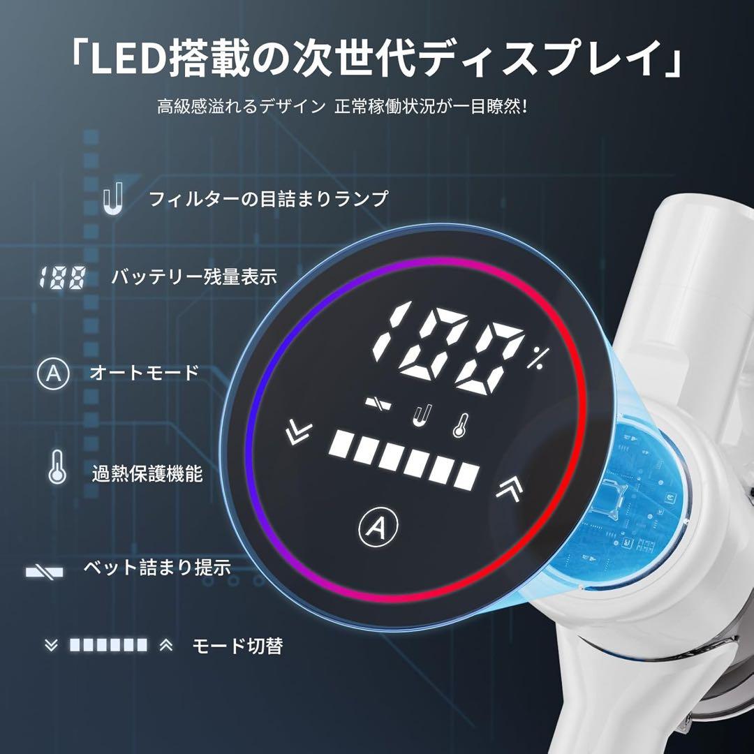 掃除機コードレスAI汚れ自動検知＆65Kpa強力吸引＆革新版グリーンLEDライト