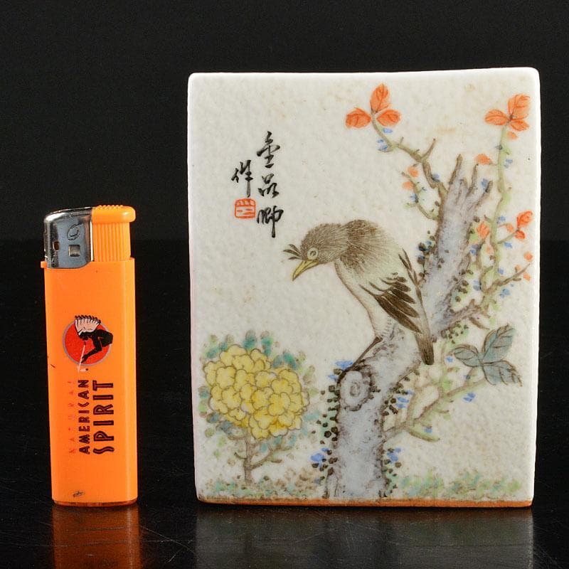 中国　粉砕　漢詩花鳥文　香炉　陶枕　C　6703E