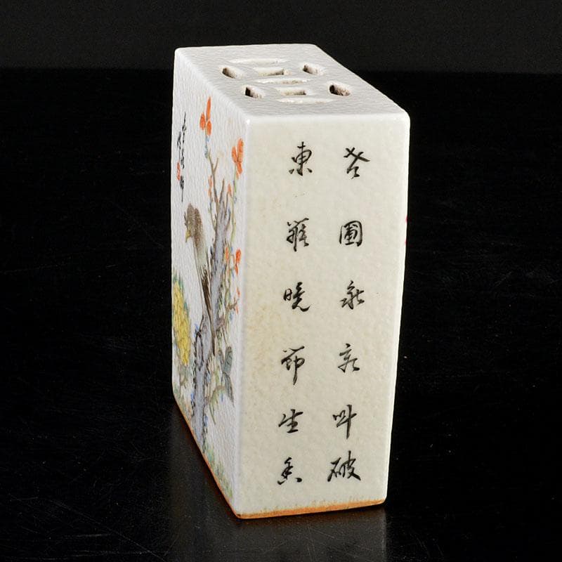 中国　粉砕　漢詩花鳥文　香炉　陶枕　C　6703E