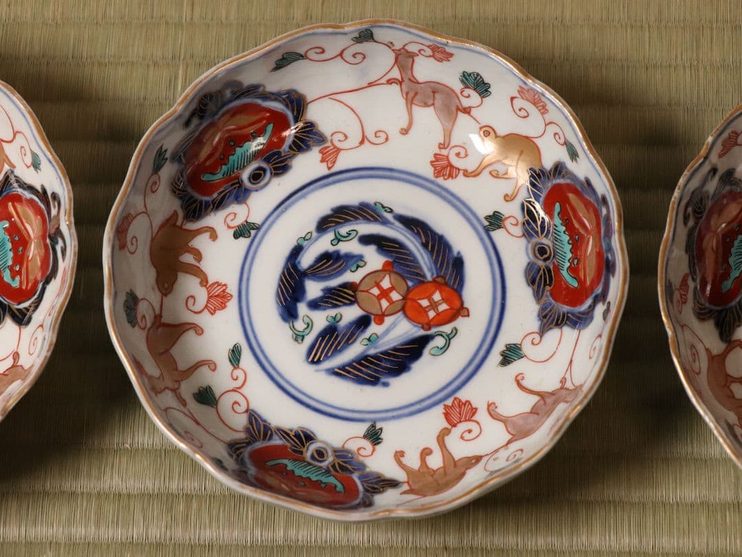 冨貴長春 古伊万里 花唐草獣図 色絵 なます皿 六客 中皿 鉢 錦手【CM12】