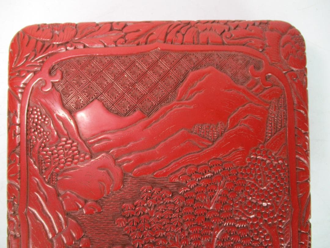 堆朱　漆器　山水図　文庫　文箱　硯箱　木製　緻密彫刻　文房具　中国美術　時代物